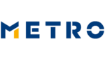 Logo with the word "METRO" in bold blue letters, featuring a yellow accent on the letter "M".