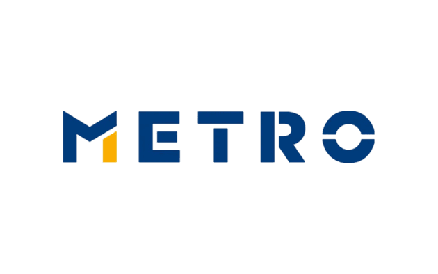 Logo with the word "Metro" in blue capital letters. The "M" is stylized with a yellow triangle.