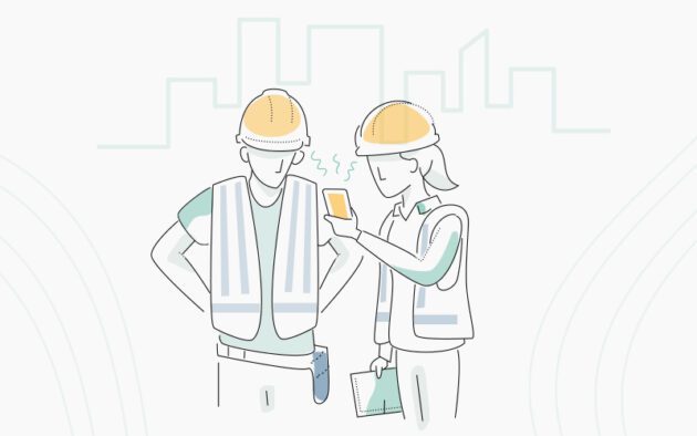 Illustration of two construction workers wearing hard hats and vests. One is holding a tablet, and the other has hands on hips. Buildings are sketched in the background.