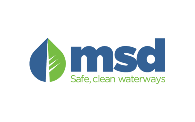 Logo of MSD with a blue and green leaf design, accompanied by the tagline "Safe, clean waterways.