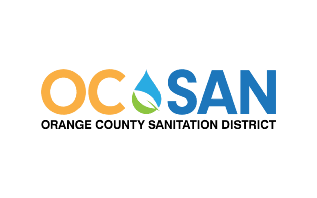 Logo of the Orange County Sanitation District with "OC SAN" in bold letters, featuring a green leaf and blue water drop.