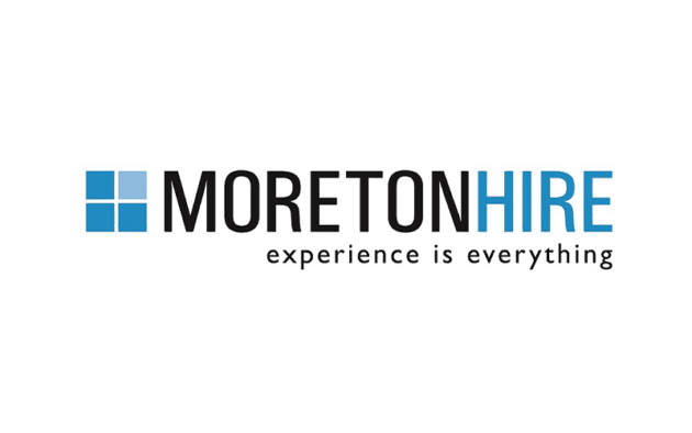 Logo of Moreton Hire with the slogan "experience is everything," featuring blue and black text alongside a blue square grid design.