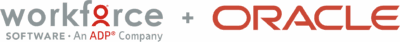Workforce Software, an ADP company, logo next to the Oracle logo, both in red and gray text on a transparent background.