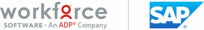 Workforce Software logo with "An ADP Company" text on the left, and the SAP logo in blue and white on the right.
