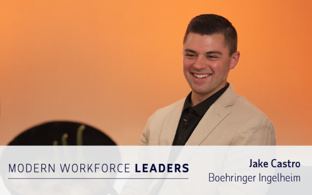 A man in a beige blazer smiles while seated. Text reads "Modern Workforce Leaders, Jake Castro, Boehringer Ingelheim—insights on workforce management.