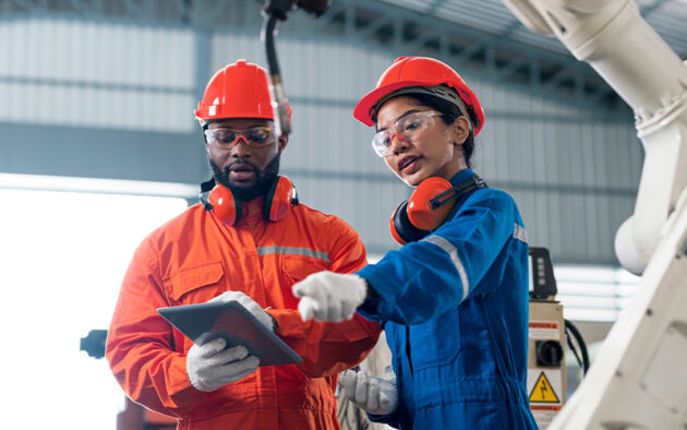 Two engineers in safety gear discuss work while looking at a tablet, standing beside industrial machinery inside a factory.