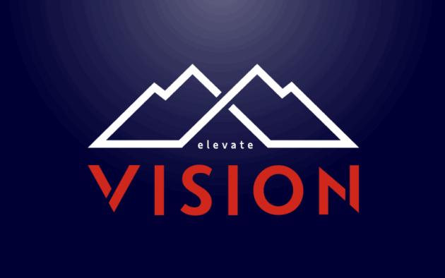 Logo with two white mountain outlines above the word "VISION" in bold red text; the word "elevate" appears in small white letters above "VISION" on a dark blue background.